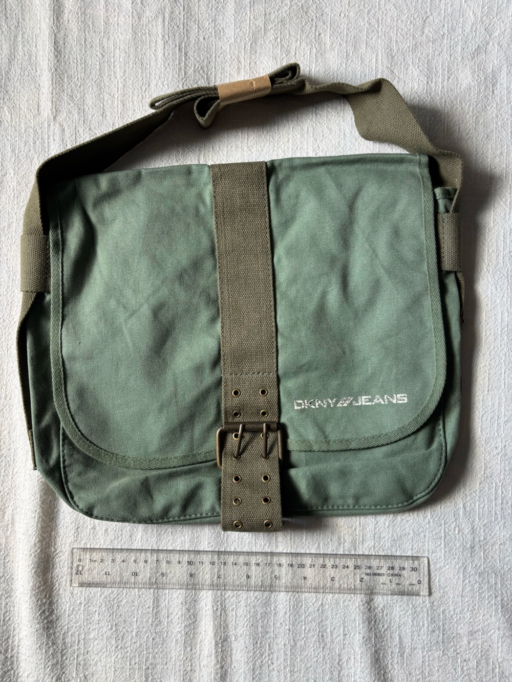 Dkny Green Canvas Messenger Bag with Olive Strap
